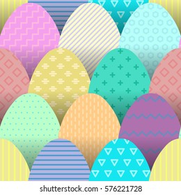 Seamless pattern of colorful flat eggs with hatching placed at each other.
