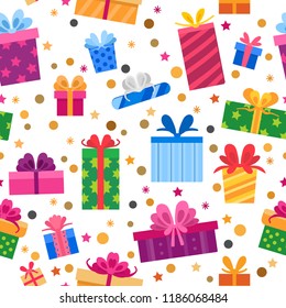 Seamless pattern with colorful flat present box. Holiday background with gift boxes for xmas or birthday illustration. New Year's and Christmas bright decor in cartoon style.