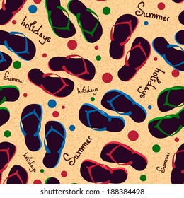 Seamless pattern with colorful flip flips on sand