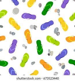 Seamless pattern of colorful of flip flop summer foot, sandal and pebbles  isolated on white background. Top view.
