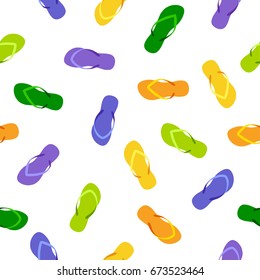 Seamless pattern of colorful flip flop, beach slippers  isolated on white background. Top view.