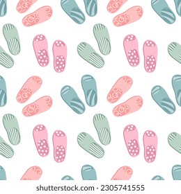 Seamless pattern with colorful flip flops, summer slippers on a white background. Pool shoes background, print, vector