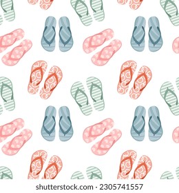Seamless pattern with colorful flip flops, summer slippers on a white background. Pool shoes background, print, vector
