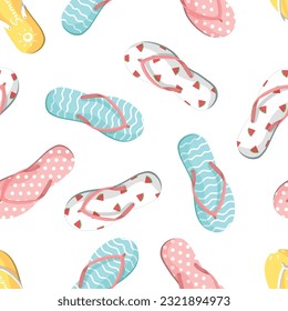 Seamless pattern of colorful flip flops set isolated on white background. Vector illustration