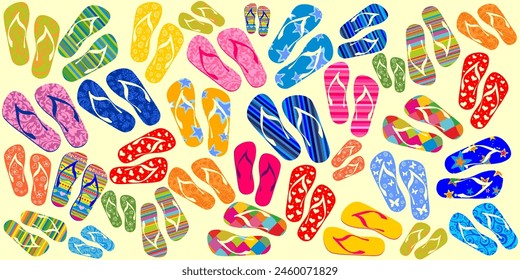 Seamless pattern with colorful flip flops, summer slippers on a yellow background. Pool shoes background.  Good for textile fabric design, wrapping paper, website wallpapers. Vector