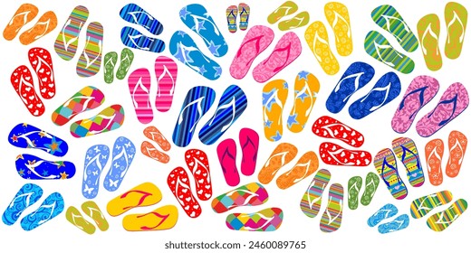 Seamless pattern with colorful flip flops, summer slippers on a white background. Pool shoes background.  Good for textile fabric design, wrapping paper, website wallpapers, textile, wallpaper. Vector