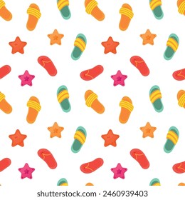 Seamless pattern with colorful flip flops and star on white background