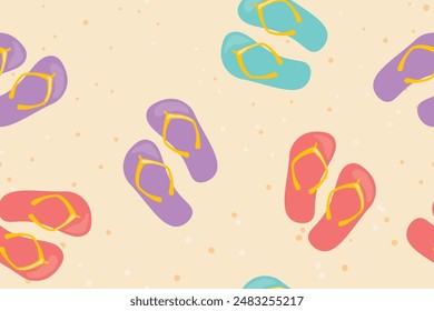 seamless pattern with colorful flip flops on the sandy beach, summer slippers, pool shoes- vector illustration