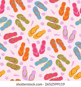 Seamless pattern with colorful flip flops and pink sea shells on a light pink background. Summer vector background.