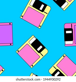 Seamless pattern with colorful floppy disk  in vaporwave 90's retro style. Vector illustration for textile fabric print.