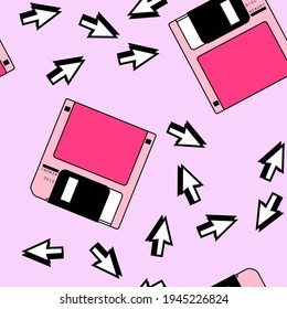 Seamless pattern with colorful floppy disk  in vaporwave 90's retro style. Vector illustration for textile fabric print.