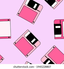 Seamless pattern with colorful floppy disk  in vaporwave 90's retro style. Vector illustration for textile fabric print.