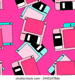 Seamless pattern with colorful floppy disk  in vaporwave 90's retro style. Vector illustration for textile fabric print.