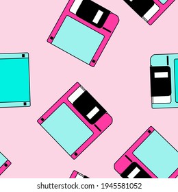 Seamless pattern with colorful floppy disk  in vaporwave 90's retro style. Vector illustration for textile fabric print.