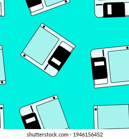 Seamless pattern with colorful floppy disk  in vaporwave 90's retro style. Vector illustration for textile fabric print.