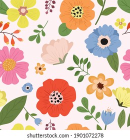 Seamless pattern colorful flora set and green leaf .