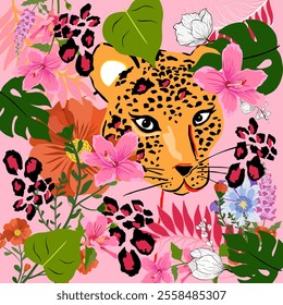 Seamless pattern, colorful floral background and beautiful yellow tiger face.
Stylish vector drawing Ideal for wall decorations or textile design prints, shawls, dresses.
and for tile,carpet,vector