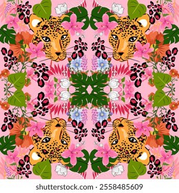 Seamless pattern, colorful floral background and beautiful yellow tiger face.
Stylish vector drawing Ideal for wall decorations or textile design prints