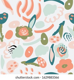Seamless pattern with colorful floral elements. Cute texture with abstract hand drawn flowers. Design for fabric, wrapping paper, wallpaper, interior decor and more