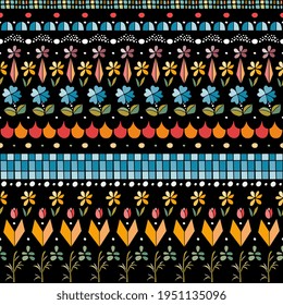 Seamless pattern with colorful floral and geometric ornaments on black background. Print or fabric.