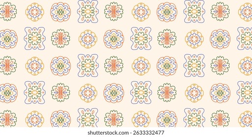Patrón sin fisuras con adornos geométricos florales coloridos. Motivos de primavera dibujados a mano en estilo retro. Elementos botánicos ingenuos infantiles para papel de embalaje, tela, textil. Ilustración vectorial