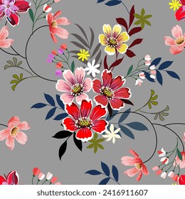 Seamless pattern of colorful floral prints. On a light gray background for fabric and wallpaper. Natural Spring Flower Gift Wrapping Paper