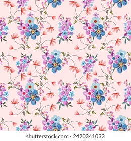 Seamless pattern of colorful floral prints. On a romantic pink background For fabric and wallpaper Natural Spring Flower Gift Wrapping Paper