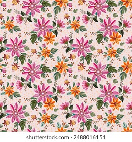 Seamless pattern of colorful floral prints, pink, orange, in spring. On a light background. For fabric, textiles, wallpaper. 
 gift wrapping paper