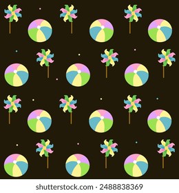 Seamless pattern with colorful flower and ball on dark background