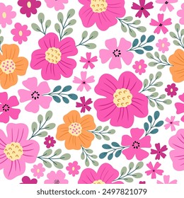 Patrón sin fisuras con el jardín colorido de la flor. Lindo patrón floral dibujado a mano para su tela, fondo de verano, Fondo de pantalla, telón de fondo, textil. 