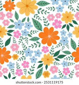 Seamless pattern with colorful flower blossom garden. Cute hand drawn floral pattern for your fabric, summer background, wallpaper, backdrop, textile.