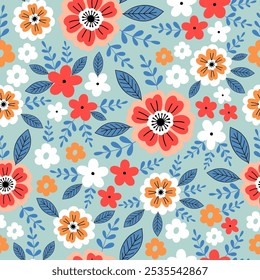 Seamless pattern with colorful flower blossom garden. Cute hand drawn floral pattern for your fabric, summer background, wallpaper, backdrop, textile.	