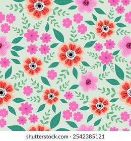 Seamless pattern with colorful flower blossom garden. Cute hand drawn floral pattern for your fabric, summer background, wallpaper, backdrop, textile.	