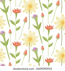 Seamless Pattern with Colorful Flower Drawings and Green Leaves on White. A vibrant and seamless floral pattern featuring hand-drawn flowers and leaves in various colors. Ideal for fabric, wallpapers,