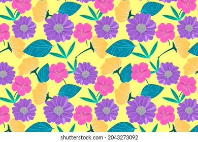 Seamless pattern of colorful flower with green leaves on light yellow color background. Beautiful floral pattern.