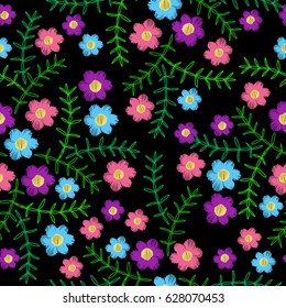 Seamless pattern with colorful flower and green leaf embroidery stitches imitation. Vector embroidery background for printing on fabric, paper for scrapbook, gift wrap and wallpapers.