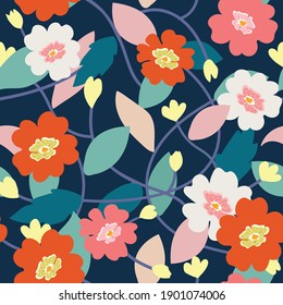 Seamless pattern colorful flower on dark blue background. 