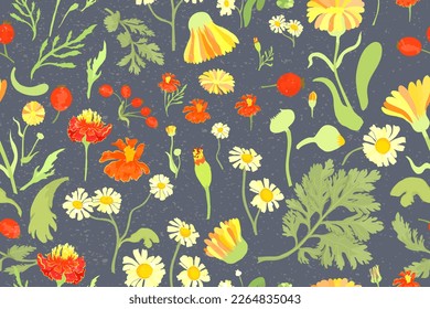 A Seamless pattern with colorful flower parts is isolated on the blue-grey background. Sand-like texture over it. Hand-drawn parts of the marigold, calendula, chamomile, and rose fruits.