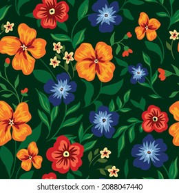 Seamless pattern with colorful flowering meadow. Composition of various flowers, herbs, leaves on a dark green background. Floral print in a vintage rustic style. Summer flower cover design. Vector.