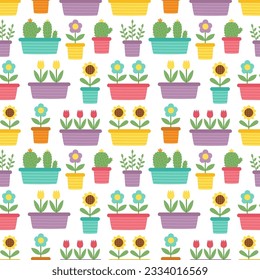 Seamless pattern with colorful flowerpots on white background.