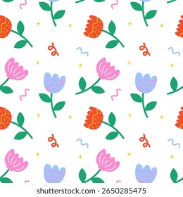 Seamless pattern with colorful flowers and abstract elements on transparent background. Cute floral print for textiles, wrapping paper, cards. Vector illustration