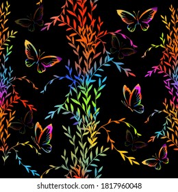 A seamless pattern with colorful flowers. Black background. Mixed media. Vector illustration