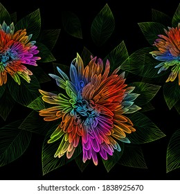 A seamless pattern with colorful flowers. Black background. Mixed media. Vector illustration