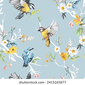 seamless pattern of colorful flowers branches and litttle birds hand drawn vector illustration