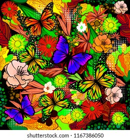 Seamless pattern with colorful flowers and butterflies