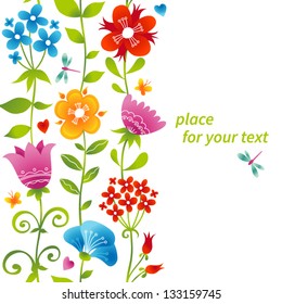 Seamless pattern with colorful flowers, butterflies and dragonflies. You can place your text near the flowers