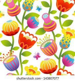 Seamless pattern with colorful flowers and butterflies. Bright flowers on white background.