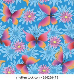 Seamless pattern, colorful flowers and butterflies on blue background. Vector