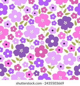 Seamless pattern with colorful flowers. Cute hand drawn floral pattern for your fabric, summer background, wallpaper, backdrop, textile. Vector illustration