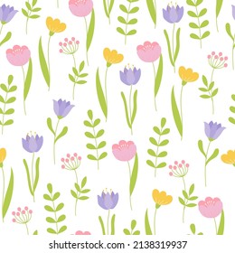 Seamless pattern with colorful flowers. Endless print made of flowers and branches in pastel colors on white background
